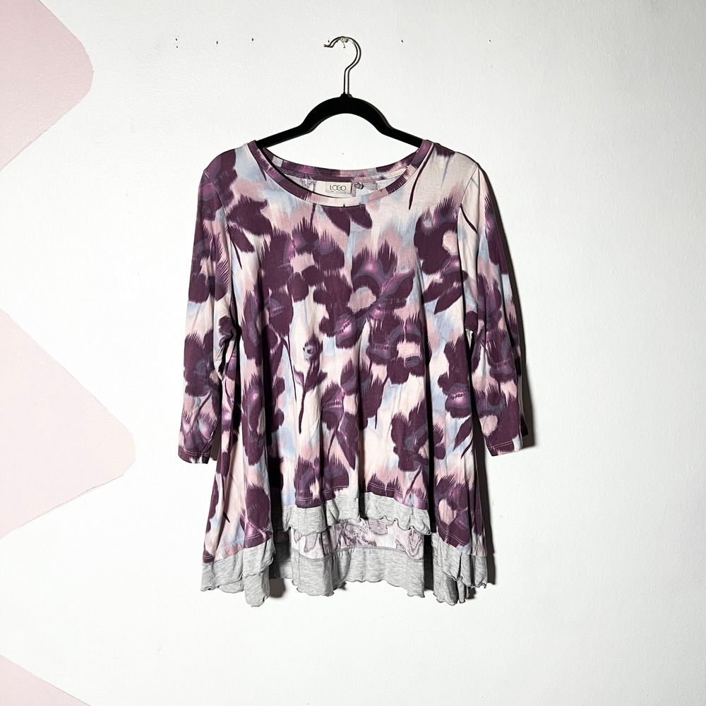 LOGO Lori Goldstein Tunic Top XL Purple Ikat Floral Ruffles Lagenlook